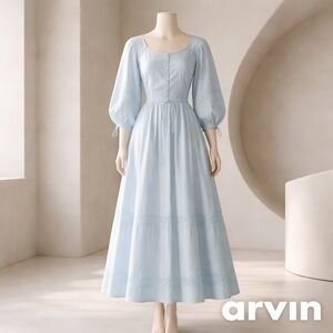 Harshman Light Blue Maxi Dress with Puff Sleeves and Embroidered Trim